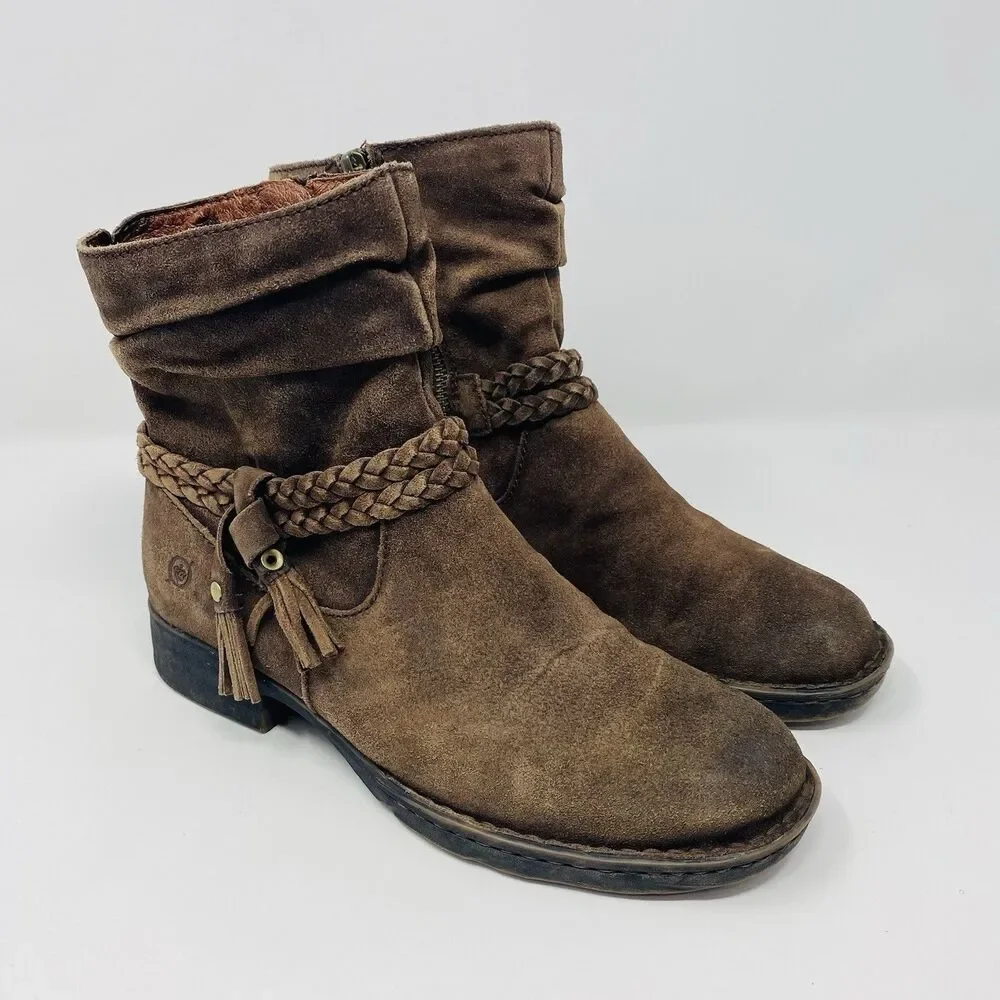 Born 7 Brown Ouvea Slouchy Zip Ankle Boots Distressed Suede Boho Western Braided